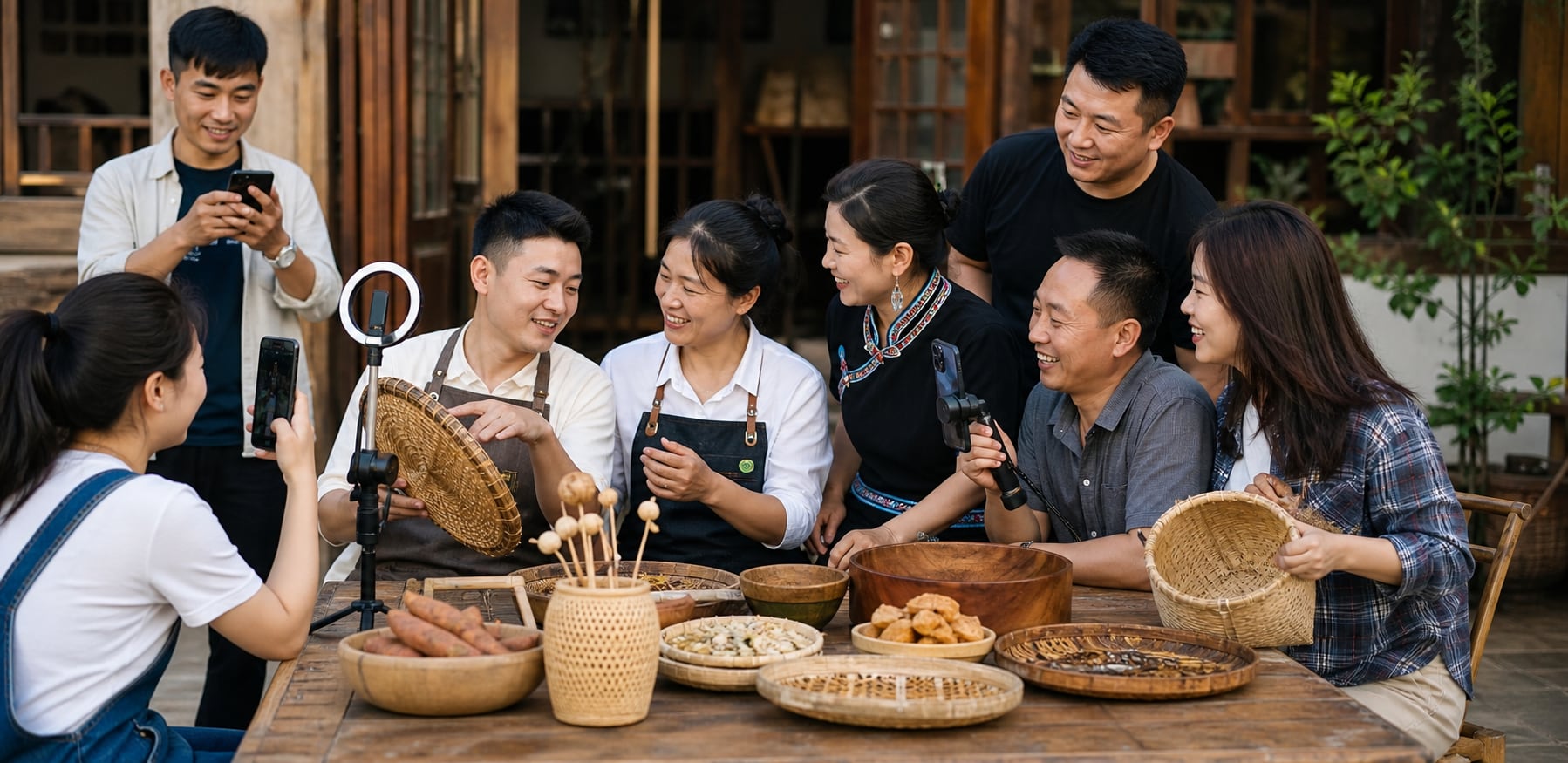A Kuaishou community filming local food and craft demonstrations