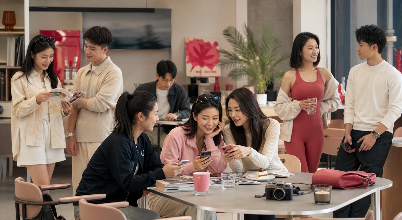 Young urban Chinese adults sharing lifestyle discoveries in a contemporary creative space