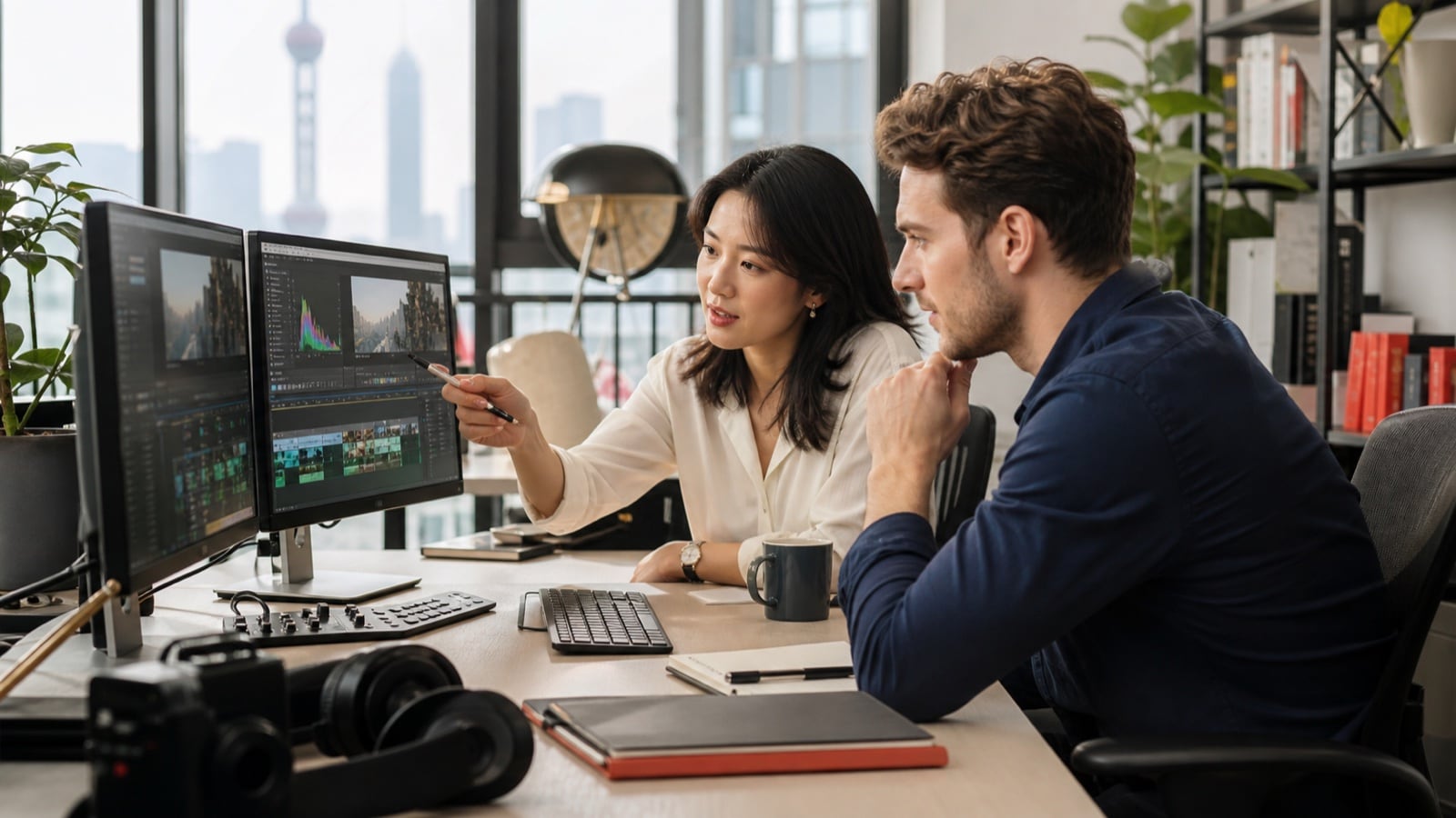 Chinese content operations manager localizing a creator video in a Shanghai studio