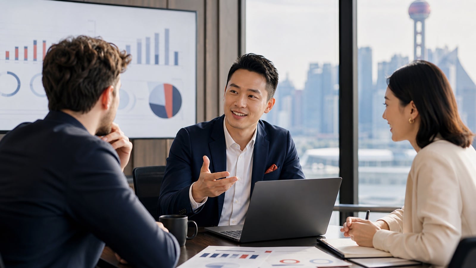 Business development manager presenting China partnership opportunities to a creator