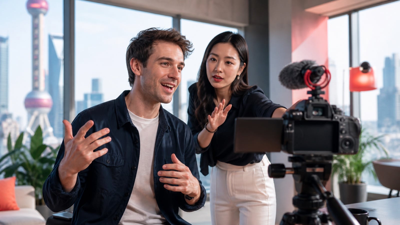 China creative strategist directing an international creator during a video shoot